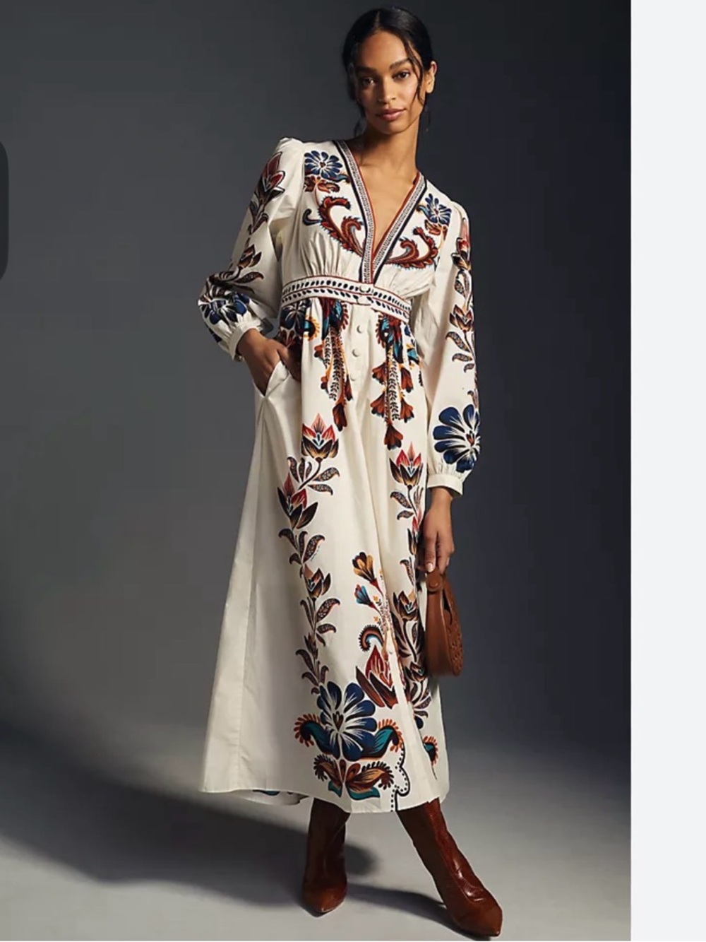 FARM Rio for Anthropologie Long-Sleeve V-Neck Floral Maxi Dress | XXS
